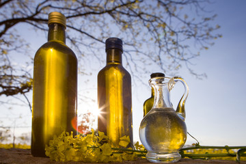 Rapeseed oil set bottles (canola) on background rape field.