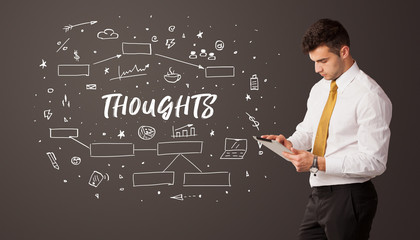 Businessman thinking with THOUGHTS inscription, business education concept