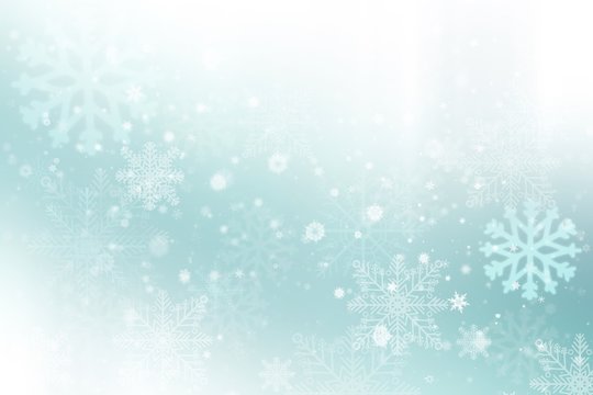 abstract christmas background with snowflakes blue green pastel white bokeh stars blurred beautiful shiny light, use for card new year wallpaper backdrop