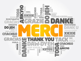 Merci (Thank You in French) word cloud in different languages