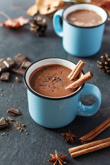 Spicy hot chocolate with cinnamon and star anise in enamel blue mugs on black background.