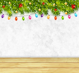 Greeting card with christmas tree branches, garlands and wood table. Merry Christmas and Happy New Year greeting background vector