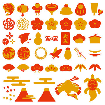 正月素材 縁起物アイコンセット「金赤」-Japanese New Year decoration icon