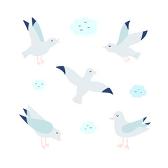 Seagulls vector set. Cute seagull clipart isolated on white background. Birds and clouds illustration