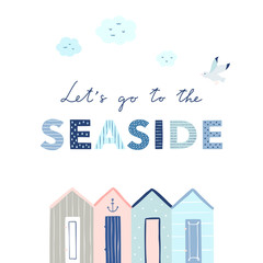 Seaside greeting card. Vector nautical illustration. Beach houses, seagull and lettering