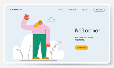 Website register page template - Woman waving her hand and say hello. Concept of welcome, login successful, and membership.