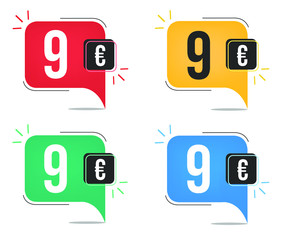 Nine euro price. Yellow, red, blue and green currency tags with balloon concept.