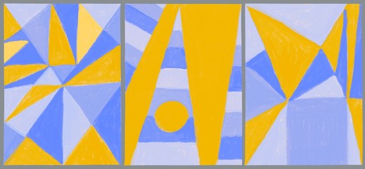 Minimalistic posters with abstract yellow and blue triangles. Hand painted for wall decoration, postcard, social media, print or brochure cover design. Modern illustration in pastel colors