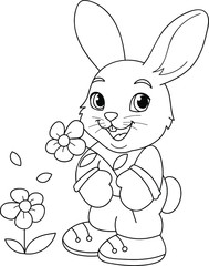 Coloring page outline of cartoon cute little rabbit with the big flower. Colorful vector illustration, summer coloring book for kids.
