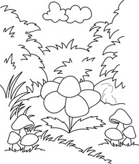 Coloring page outline of cartoon cute flower in the park. Colorful vector illustration, summer coloring book for kids.