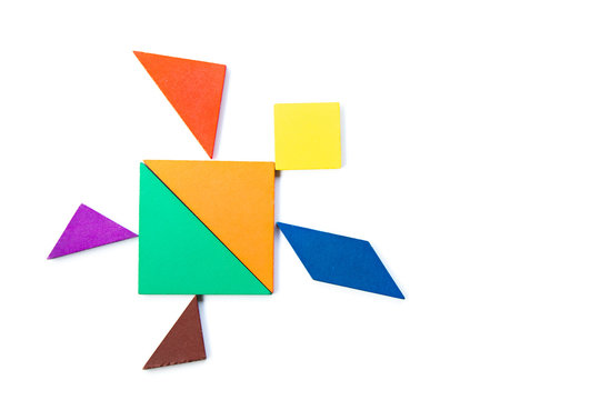 Color wood tangram puzzle in turtle, terrapin or tortoise shape on white background