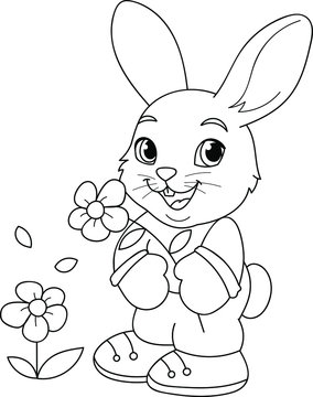 Coloring page outline of cartoon cute little rabbit with the big flower. Colorful vector illustration, summer coloring book for kids.