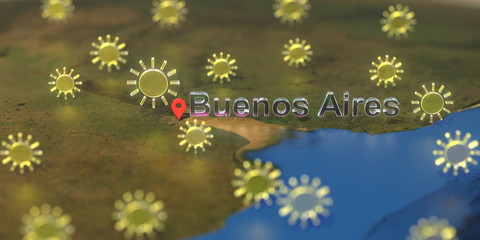 Sunny weather icons near Buenos aires city on the map, weather forecast related 3D rendering