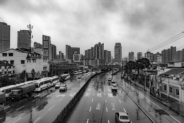 Naklejka premium Shanghai. February 2019. A busy street photographed from above.