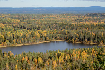 The lake in the middle of taiga forest during the time of the autumn foliage. Finland. Northern Europe