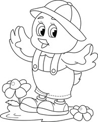 Coloring page outline of cartoon smiling cute little chick. Colorful vector illustration, summers coloring book for kids.