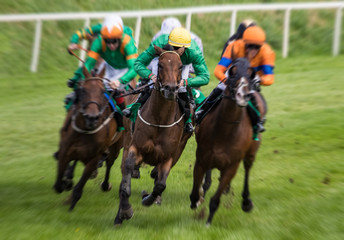 Close up on lead race horse and jockey  speeding towards the finish line, fast motion blur effect