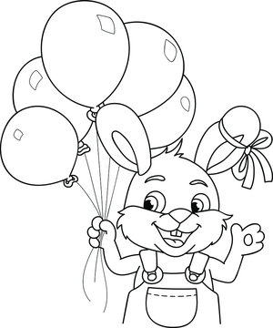 bunny holding balloons, black and white clip art preview