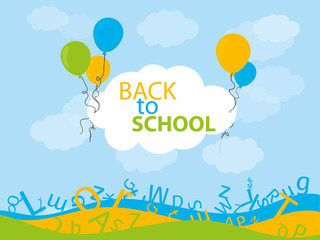 Back to school background with fly balloon. Color alphabet wave banner with letters on sky with cloud