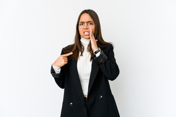 Young mixed race business woman isolated on white background having a strong teeth pain, molar ache.