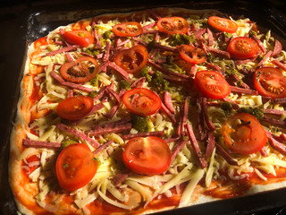 pizza with salami, tomatoes and pesto