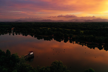 Aerial drone view of river on Sunset