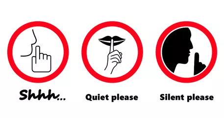 Foto op Plexiglas Stop, please be quiet icon (psssst ). Forbid, silence no speaking or no talking  ( shhh ). Funny vector flat icons silhouette Silent finger over lips or mouth sign. Sound off. Secret asking to silence © MarkRademaker