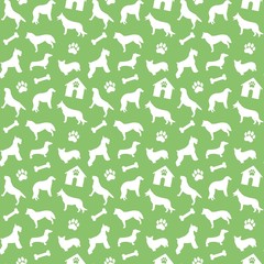 Vector seamless pattern. Dogs of different breeds with booth, bones and paw icons, isolated on green background. Veterinary clinic or pet shop concept, print for textile