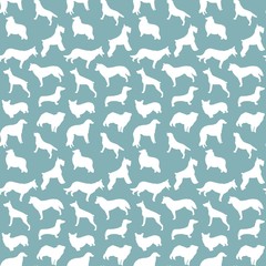 Vector seamless pattern with dogs of different breeds, isolated on blue background. Veterinary clinic or pet shop concept, print for textile