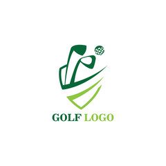 Golf logo emblem shield, hitting club, vector design, illustration
