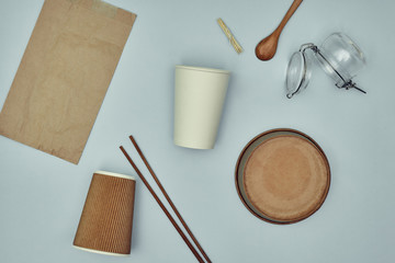 Eco-friendly and biodegradable disposable tableware. Environment protection. Takeaway food.