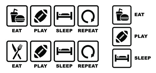 American football, sport. Quote Eat play sleep repeat sign or sports icons. Funny vector party games slogans symbol icon. Set playing repeats signs. Gamer player Game and gamepad controller joystick.