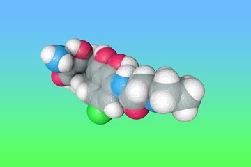 Molecular structure of eravacycline. Atoms are represented as spheres with color coding: carbon (grey), oxygen (red), nitrogen (light blue), hydrogen (white), fluorine (green). 3d illustration