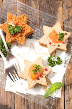gingerbread toast with foie gras and smoked salmon- christmas or new year celebration canape