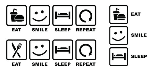 Quote Eat play sleep repeat sign or happy smile icons. Funny vector party games slogans symbol icon. Set playing repeats signs. Gamer player video game and gamepad controller joystick.