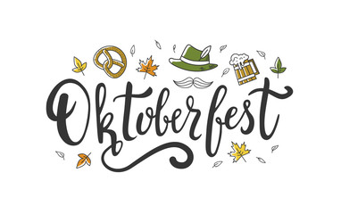 Naklejka premium Oktoberfest handwritten beautiful calligraphic word. Hand drawn lettering with different objects and leaves. - Vector