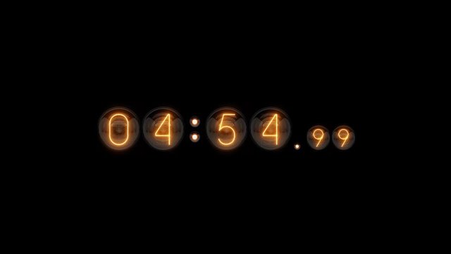 Countdown 5 minutes. Milliseconds. Nixie tube indicator countdown. Gas discharge indicators and lamps. 3D. 3D Rendering