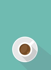 blue vertical background with white cup of coffee and shadow. top view isolated on blue.