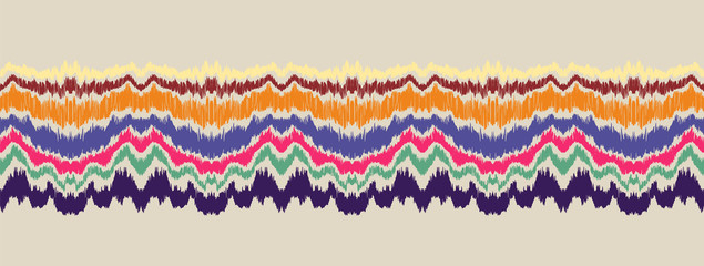 Ikat border. Geometric folk ornament. Ink on clothes. Tribal vector texture. Seamless striped pattern in Aztec style. Ethnic embroidery. Indian, Scandinavian, Gypsy, Mexican, African rug.