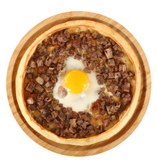 Traditional turkish flavor kavurmalı pide, Turkish pizza with beef top view isolation background