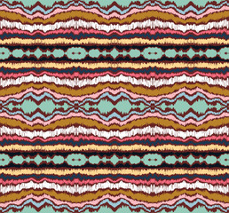 Ikat border. Geometric folk ornament. Ink on clothes. Tribal vector texture. Seamless striped pattern in Aztec style. Ethnic embroidery. Indian, Scandinavian, Gypsy, Mexican, African rug.