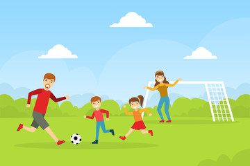 Happy Family Playing Soccer Outdoors, Mother, Father, Daughter and Son Spending Time Together Cartoon Vector Illustration