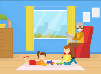 Obraz na płótnie Canvas Grandfather Spending Time with Grandchildren at Home, Cute Boy and Girl Playing Toys, Grandparent Sitting on Armchair and Reading Newspaper Cartoon Vector Illustration