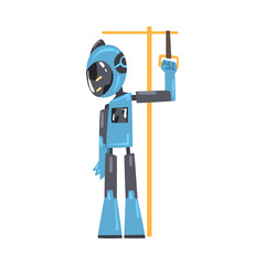 Naklejka premium Friendly Robot Holding the Handle in Public Transport, Personal Robotic Assistant Character, Artificial Intelligence Concept Cartoon Style Vector Illustration