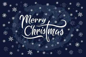 Inscription Merry Christmas on a blue dark background with white snowflakes. Vector illustration.