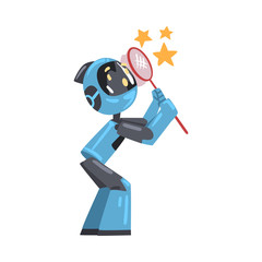 Friendly Robot Catching Stars with Net, Cute Personal Robotic Assistant Character, Artificial Intelligence Concept Cartoon Style Vector Illustration