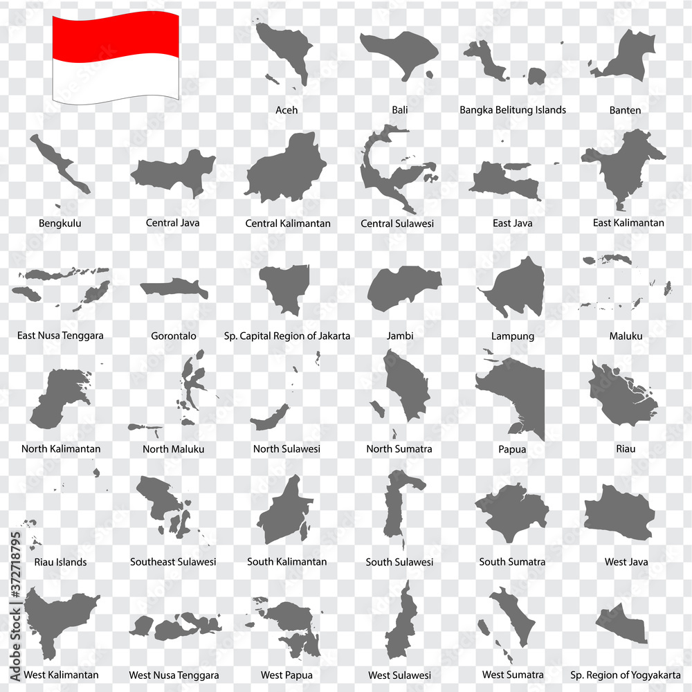 Wall mural Thirty four Maps  Provinces of  Indonesia - alphabetical order with name. Every single map of  Province are listed and isolated with wordings and titles. Indonesia. EPS 10.