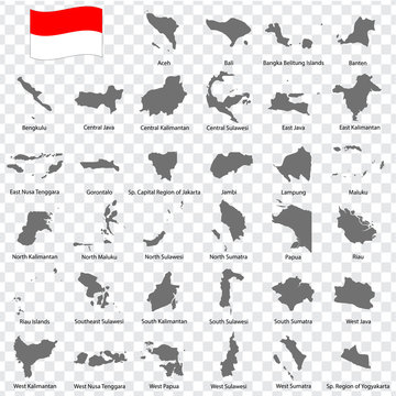 Thirty four Maps  Provinces of  Indonesia - alphabetical order with name. Every single map of  Province are listed and isolated with wordings and titles. Indonesia. EPS 10.