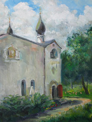 Old Moscow monastery in summer, oil painting