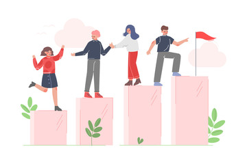 People Climbing up to the Goal Helping Each Other, Moving up Motivation Concept Cartoon Vector Illustration